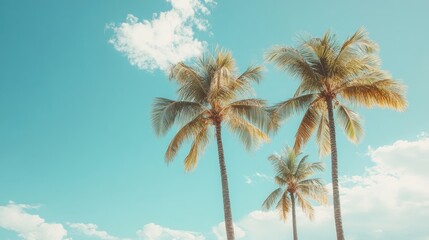 Palm trees set against a bright summer sky create a serene atmosphere on a tropical white sand beach. This palm tree scene embodies relaxation, perfect for nature wallpaper or poster templates.