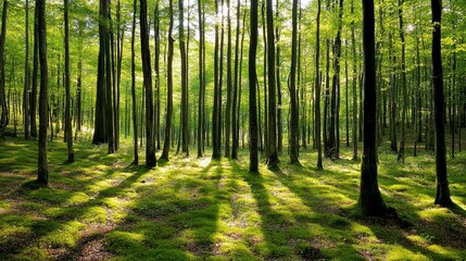 Obraz premium Immerse yourself in the tranquility of a verdant forest, where towering trees and lush grass create breathtaking natural landscape.