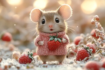 An adorable mouse in a pink sweater happily holds a strawberry amidst a snowy festive scene.