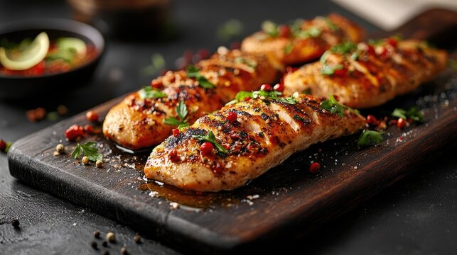 Fresh banquet chicken fillets prepared with a variety of herbs and spices, ideal for culinary presentations with ample space for your creative touch. Perfect for recipes and food displays.