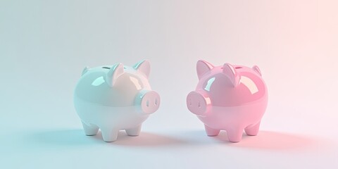 There are piggy banks, one white and one pink, placed against a soft, light colored background. The light backdrop enhances their colors vividly.