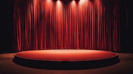 Empty stage podium with curtains creates a versatile setting, perfect for presentations or performances. This empty stage podium offers ample photo space for various themes and styles.