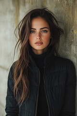 Fototapeta premium Young woman poses confidently in a stylish puffer jacket against a textured wall backdrop