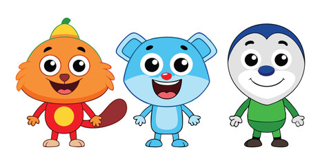 Obraz premium 3D Cute Happy Cartoon Characters Collection: Isolated on White Background, Fun and Playful Designs for Kids and Social Media