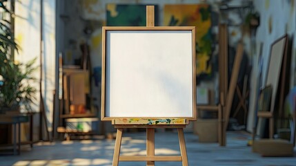 Light wood frame with a blank canvas in an elite art studio, surrounded by a blurred painting background that enhances the canvass appeal and creativity. Perfect for art display.