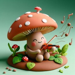 In a fairy ring, a charming mushroom with a spotted cap is holding a small violin and performing claymation-style music.
