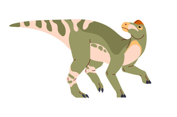 Green Edmontosaurus. Big dinosaur with crest on head and patterned skin. Herbivorous dino, ancient reptile, animal of Jurassic era. Paleontology. Flat isolated vector illustration on white background