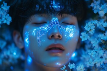 A young man with glowing x-ray skeleton on his face surrounded by cherry blossoms.