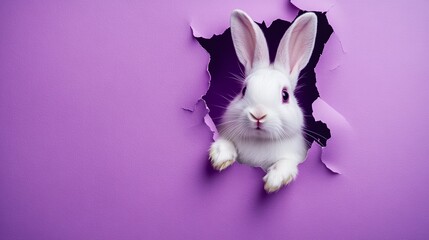 Obraz premium Adorable White Rabbit Peeking Through Torn Purple Paper