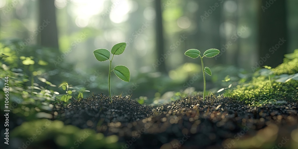 Wall mural A zoomed in view showcases two young plants pushing through the soil, set against a softly blurred backdrop that suggests the presence of a bigger garden or forest beyond them.