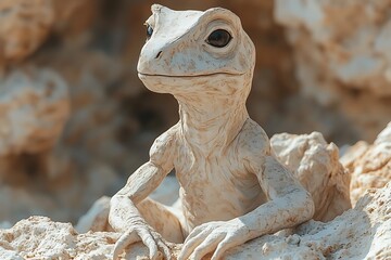 A meticulously crafted stone lizard sculpture basks in the sun.