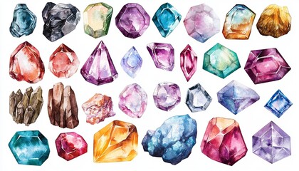 Fototapeta na wymiar Watercolor Illustration of Various Gemstones in Different Shapes Colors