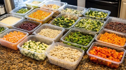 A kitchen counter is filled with meal prep containers full of various vegetables, grains, and protein.