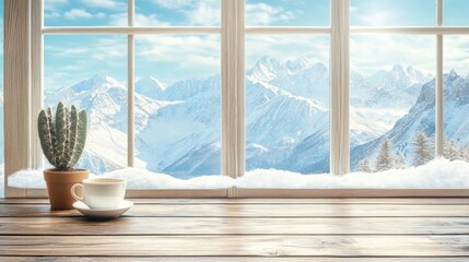 A cozy wooden desk scene with a cup of coffee and a cactus, set beside two large windows that frame...