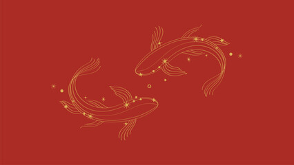 Chinese New Year background vector. Modern template design with gold line fish on red background. Elegant oriental illustration for cover, banner, website, calendar, envelope.