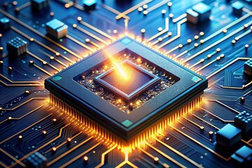 A computer chip is lit up with a yellow light