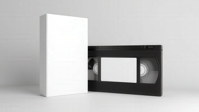 Minimalist VHS cassette mockup with blank label area and white case, perfect for retro designs.
