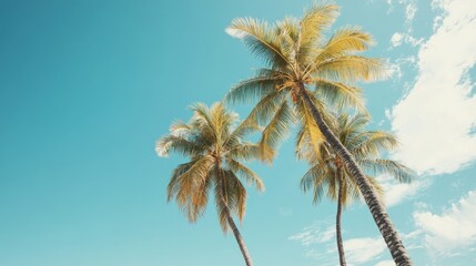 Palm trees set against a bright summer sky create a serene atmosphere on a tropical white sand beach. This palm tree scene embodies relaxation, perfect for nature wallpaper or poster templates.
