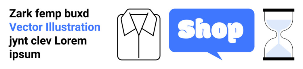 Depiction of an online shopping experience featuring a shirt, a blue Shop speech bubble, and an hourglass. Ideal for e-commerce, fashion, time management, digital marketing, and retail. Banner