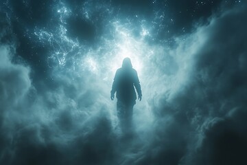 Obraz premium Silhouette of a man walking towards a glowing light in a cloudy night sky