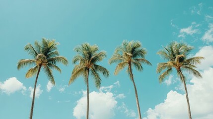 Obraz premium Palm trees set against a bright summer sky create a serene atmosphere on a tropical white sand beach. This palm tree scene embodies relaxation, perfect for nature wallpaper or poster templates.