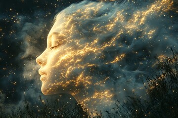 Obraz premium Woman's face merging with the starry cosmos, symbolizing peace and tranquility