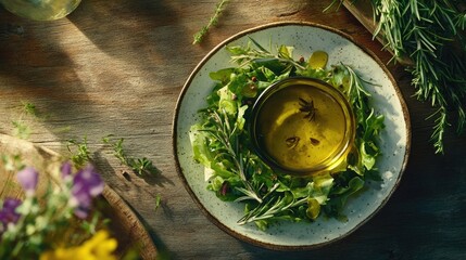Fresh green salad garnished with olive oil, rosemary, and herbs, elegantly arranged with a vibrant look. Photo style includes ample copy space, captured against a wooden table backdrop.