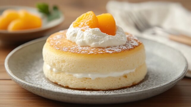 Fluffy Pancake with Whipped Cream and Orange Slices