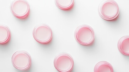 Pink contact lens cases alongside solutions arranged on a clean white background, highlighting a minimalist beauty care theme. Perfect for visual storytelling with ample copy space.