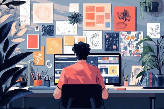 A graphic designer working on a tablet in a creative studio, surrounded by sketches, color palettes, and inspirational posters on the walls