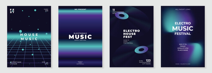 Music poster design background vector set. Electro Sound Cover template with vibrant abstract gradient geometric shape and line wave. Ideal design for social media, flyer, party, music festival, club. © TWINS DESIGN STUDIO