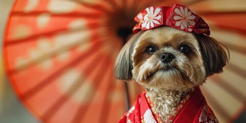 A lovely Shih Tzu dog is dressed in a striking red outfit inspired by traditional Japanese fashion, showcasing its charm and elegance in a vibrant way.