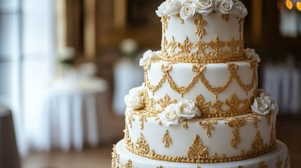 Delicious multi-tiered wedding cake adorned with a stunning gold bakery design and white cream decoration, ideal for any celebration. The cakes mouthwatering appearance offers ample copy space.
