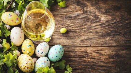 White wine and Easter eggs arranged on a wooden table create a festive spring concept. This top view captures the essence of Easter, complemented by a vibrant vineyard background.