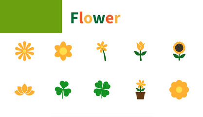 Flower icon. Flat vector icons of chrysanthemum, clover, lotus, sunflower.