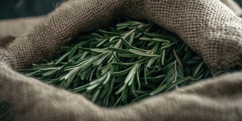 A detailed view focuses on the rosemary leaves stored within a sack, showcasing their texture and appearance up close, emphasizing the freshness of the rosemary.