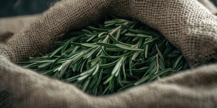 A detailed view focuses on the rosemary leaves stored within a sack, showcasing their texture and appearance up close, emphasizing the freshness of the rosemary.