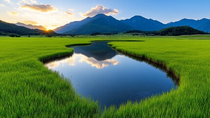Serene Mountain Lake with Lush Green Rice Paddy Field at Sunset