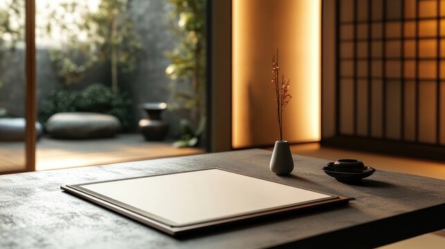 Elegant table arrangement with a vacant menu template, embodying a traditional Japanese restaurant concept, designed for a luxurious dining experience, with ample copy space.