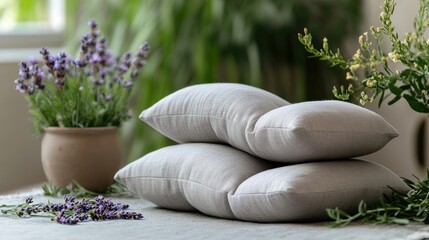 Meditation cushion and eye pillows designed to alleviate stress and anxiety, infused with lavender essential oil, promote better sleep and relaxation, ideal for zen moments on a yoga mat.