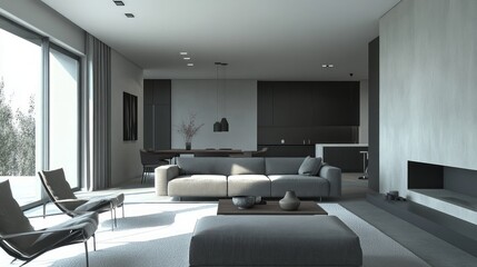 Modern Living Room with Gray Sofa, Wooden Coffee Table, and a Fireplace
