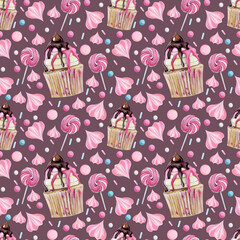 Seamless pattern of cupcakes on a color background.seamless pattern for kitchen design, coffee shop, children's clothing and other things