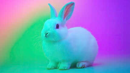 Obraz premium Oryctolagus cuniculus, a white domestic rabbit, contrasts beautifully with a rainbow background that features green and purple hues, providing vibrant picture space for creative use.