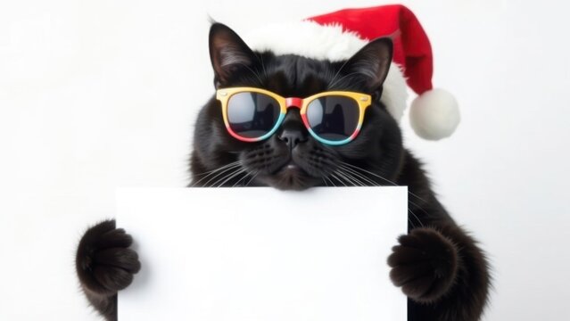 Black cat wearing Santa hat and sunglasses holding blank white sign on white background. Christmas and winter holiday concept. Design for greeting card, invitation, banner, poster with copy space