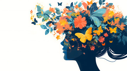 Human mind with flowers and butterflies growing from a tree, positive thinking, creative mind, self care and mental health concept