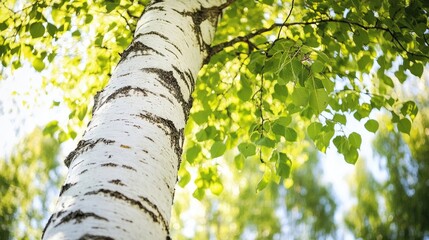 Fototapeta premium Majestic birch tree with striking white bark and vibrant green foliage, presenting an enchanting natural scene with ample copy space for design and text elements.
