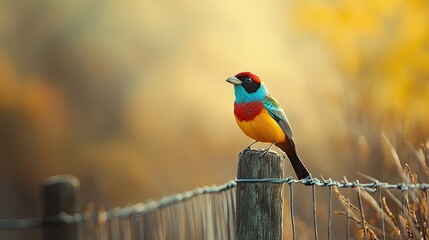 Fototapeta premium Vibrant colorful bird perched on a fence in a natural setting, the vibrant feathers of the colorful bird contrast beautifully with the surroundings, creating a lively scene with ample space for text.