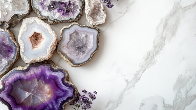 Moody agate tiles create a serene setting for numerological crystal energy on a white marble background. This image embodies a crystal healing space with ample copy space.