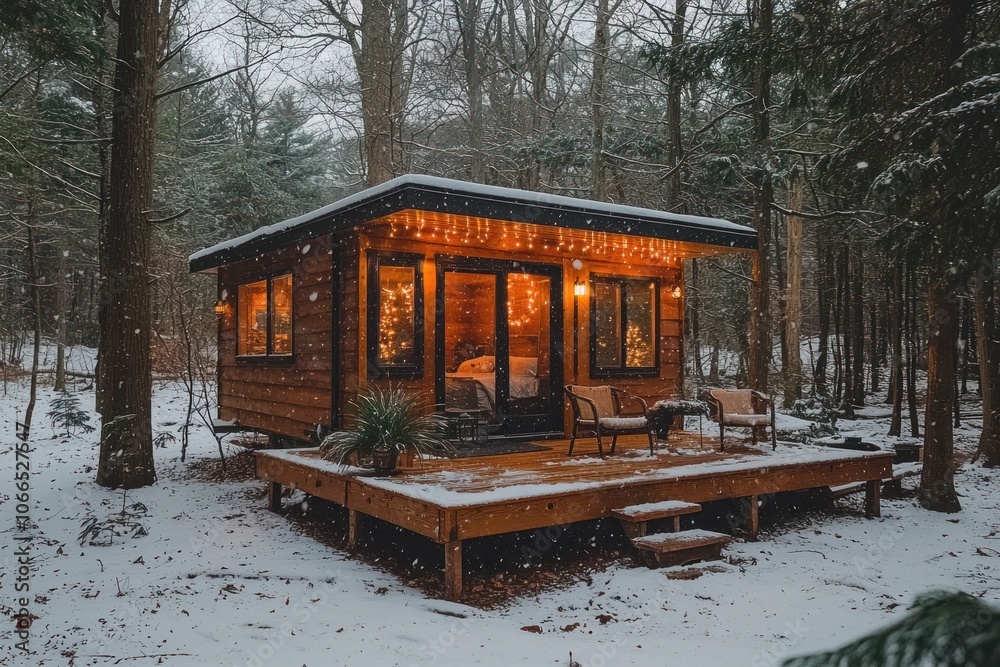 Poster cozy cabin in a snowy forest with string lights