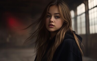 Fototapeta premium A young woman gazes thoughtfully at the camera, her hair flowing gently in a moody industrial setting, This image conveys emotion and can be used for fashion, personal branding, or art projects,